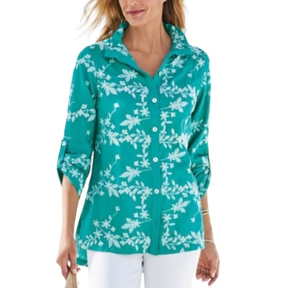 SOFT SURROUNDINGS Embroidered Isla Verde Linen Blend Button-Up Shirt BACK DETAIL